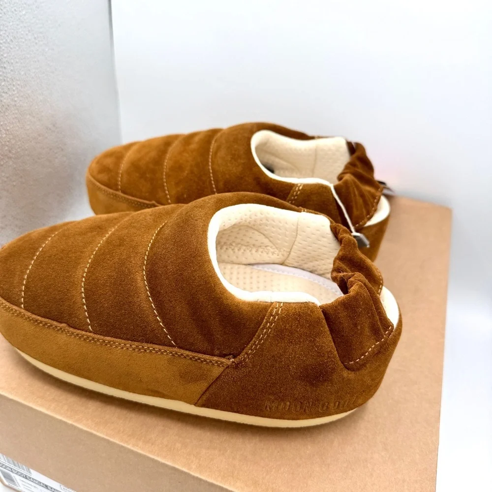 NWT Moonboot Suede Leather Slide Slippers Brown Cognac Unisex Shoes Brand New - Picture 14 of 16